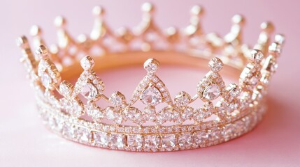 A delicate diamond crown with shimmering gemstones displayed against a soft pink backdrop.