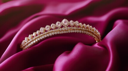 A delicate diamond tiara with intricate metalwork, beautifully placed on a rich pink silk.
