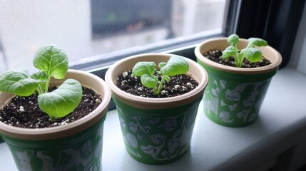 Seedlings growing in pots on windowsill