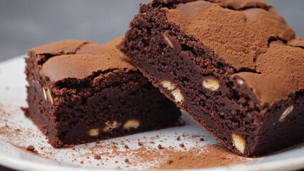 A delectable brownie slice featuring a rich chocolate base dusted with cocoa powder and oats, served elegantly on a white plate, perfect for indulgent moments.