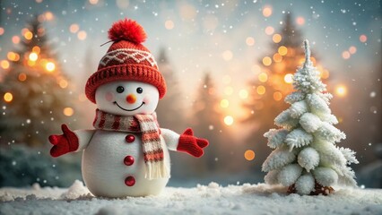 Fototapeta premium Joyful snowman with red hat and scarf in winter wonderland scene near snowy miniature tree with warm bokeh lights background