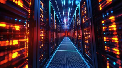 A massive data center full of glowing servers and AI systems running deep learning algorithms.