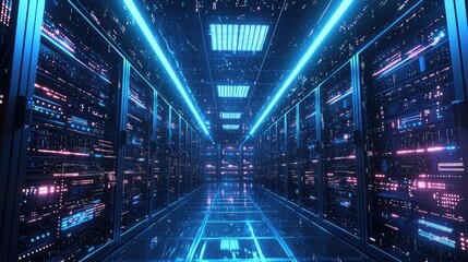 A massive data center full of glowing servers and AI systems running deep learning algorithms.