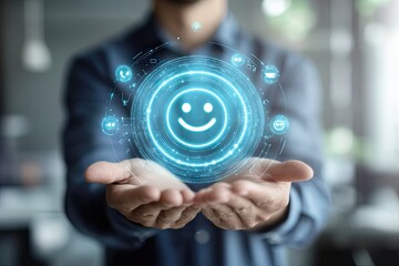 Customer satisfaction displayed as a holographic smiley face in cupped hands