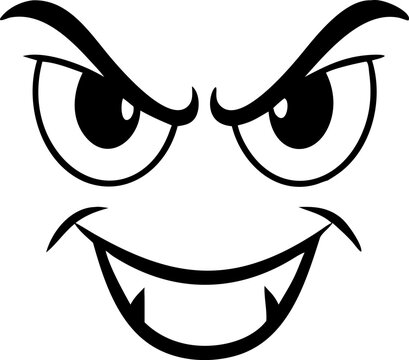 Evil Grin Cartoon Face, Angry Expression, Fangs Silhouette, Dark Eye Brows, Horror Element, Mascot Black And White