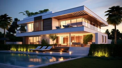Fototapeta premium A photo of a triple-story home with flat roof.