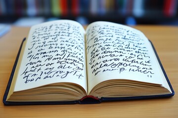 Obraz premium Open book on wooden desk with handwritten text, soft lighting