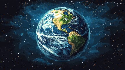 Obraz premium Pixel art depiction of Earth from space, showing continents and oceans.