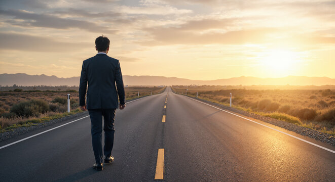 Businessman taking first step on an empty road at sunset  