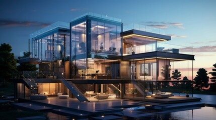 Fototapeta premium A photo of a triple-story home with glass facade.