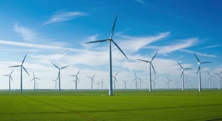 A field of wind turbines stands tall against a bright blue sky, showcasing renewable energy generation in a lush green landscape