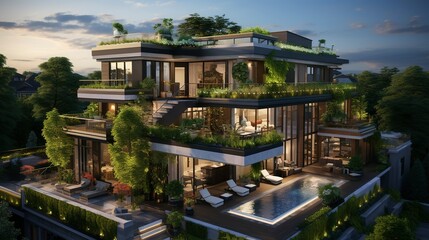 Fototapeta premium A photo of a triple-story home with rooftop garden.