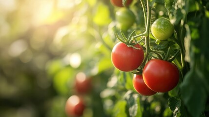 Ripe red tomatoes growing on the vine in a greenhouse