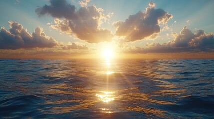 Beautiful ocean sunset with sun shining on water, clouds in sky during golden hour.
