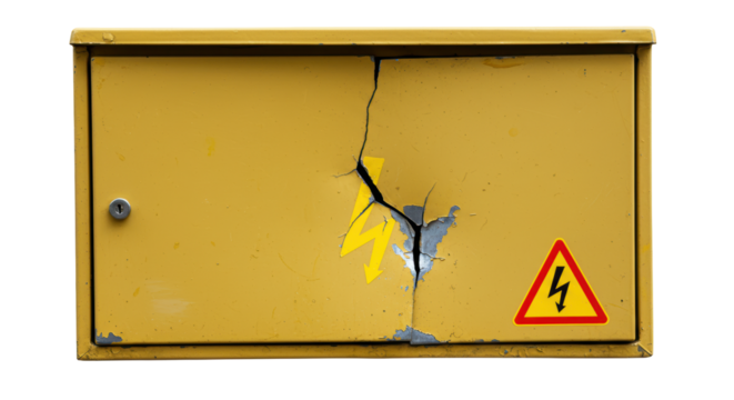 Isolated Damaged Yellow Electrical Box