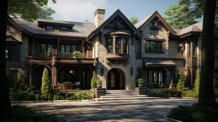 A photo of a triple-story home with stone pillars.