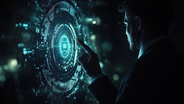 Businessman interacts with a futuristic digital interface