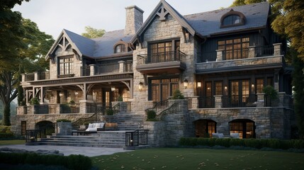 A photo of a triple-story home with stone pillars.