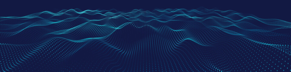 Futuristic dot wave. Abstract digital particle wave. Technology background. Colored musical wave. Dark background. Digital background with smooth, wavy curves. 3D vector illustration