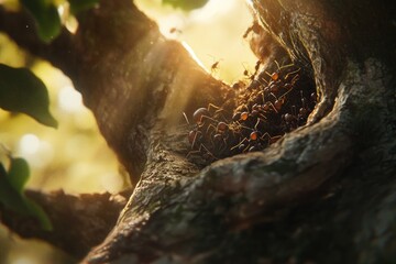 Ants working together in a tree trunk