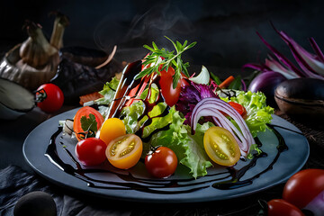 Create a stunning artistic food photograph showcasing a vibrant salad