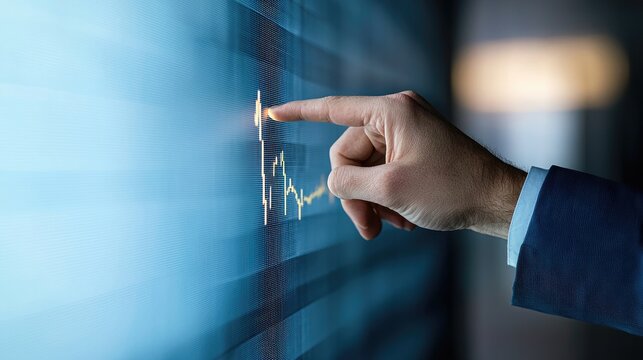 Businessman points at stock market data on screen