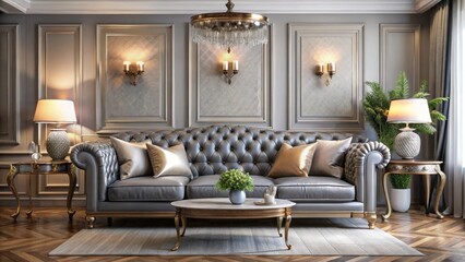 Obraz premium Elegant Living Room Interior Design Featuring a Luxurious Chesterfield Sofa and Ornate Decor