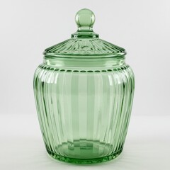 A green glass jar with a lid and a round knob on top sitting on a white surface in a studio shot