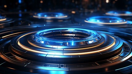 Futuristic Technology Interface:  Abstract Digital Design of a  Circular  Platform with Glowing Blue and Orange Accents