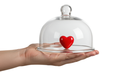 Isolated Hand Holding a Red Heart Under a Glass Cloche
