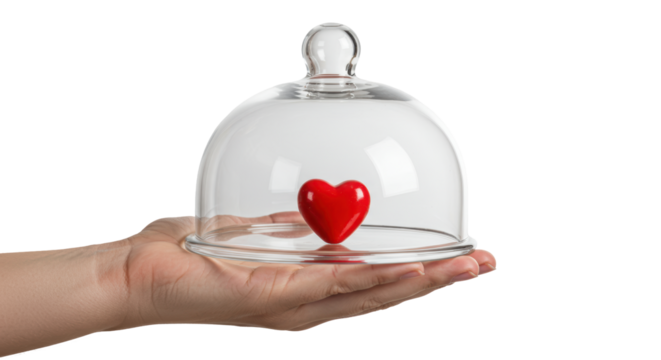 Isolated Hand Holding a Red Heart Under a Glass Cloche