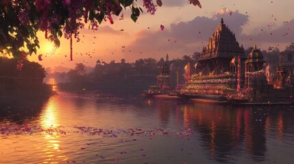 Fototapeta premium Morning light illuminates temple at riverbank with floral decorations