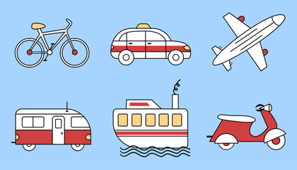 Set of six vehicles icons, including a bicycle, taxi, airplane, camper, boat, scooter.
