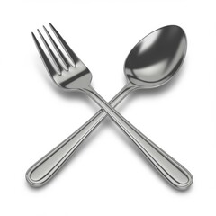A silverware set featuring a fork and spoon crossed on a white background in a studio shot