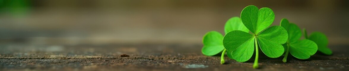 Vibrant green four-leaf clover on a wooden table, leaves, nature