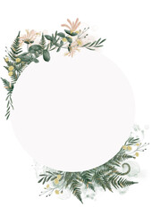 circular watercolor floral frame with honeysuckle, ferns, delicate yellow flowers for invitations, greeting cards