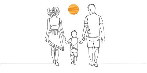 Line art vector illustration of a family walking, group of family line art style vector illustration, happy family illustration