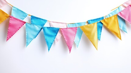 Obraz premium Colorful triangle bunting flags strung on twine against a white background.