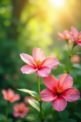 Fototapeta premium Watercolor blooms in soft focus, surrounded by lush greenery and warm sunlight, serene, garden