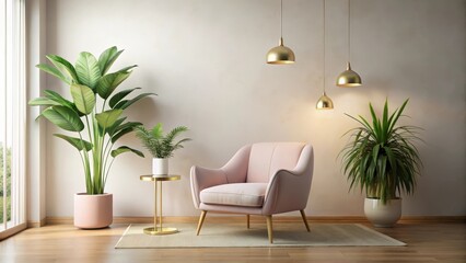 Serene Living Room Interior Design Featuring a Plush Pink Armchair, Gold Accents, and Lush Greenery