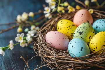 Obraz premium Easter festive basket bird nest with painted speckled eggs blooming willow branches spring light, Generative AI