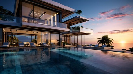 A photo of a triple-story house with infinity pool.