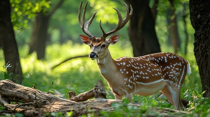 Obraz premium A deer with antlers stands in a forest