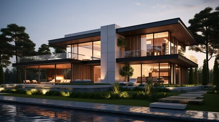 A photo of a triple-story house with modern textures.