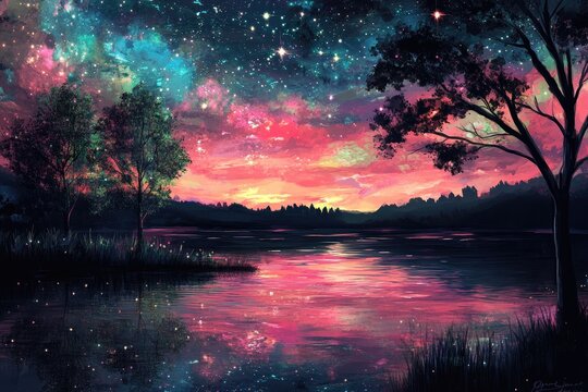 A serene lake scene at twilight, with a vibrant, starry sky reflecting in the water