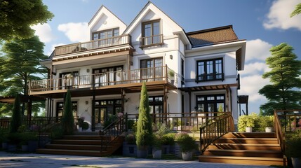 Fototapeta premium A photo of a triple-story house with open balconies.