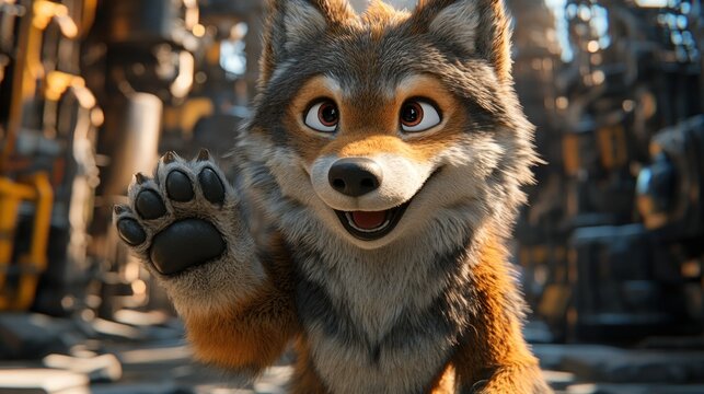 Animated wolf greets with paw in industrial setting