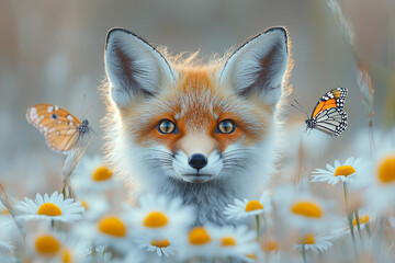 Fototapeta premium Adorable Fox Cub Watching Butterfly in Blooming Spring Field - Generative AI