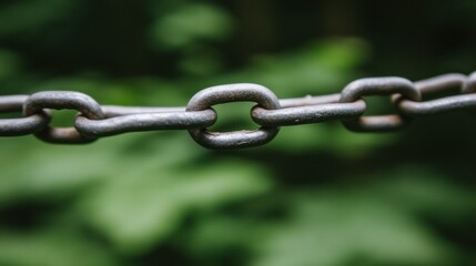 Fototapeta premium Close up of a Grey Metal Chain Against a Blurred Green Background