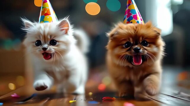 Two playful puppies wearing party hats celebrate together with joyful expressions.